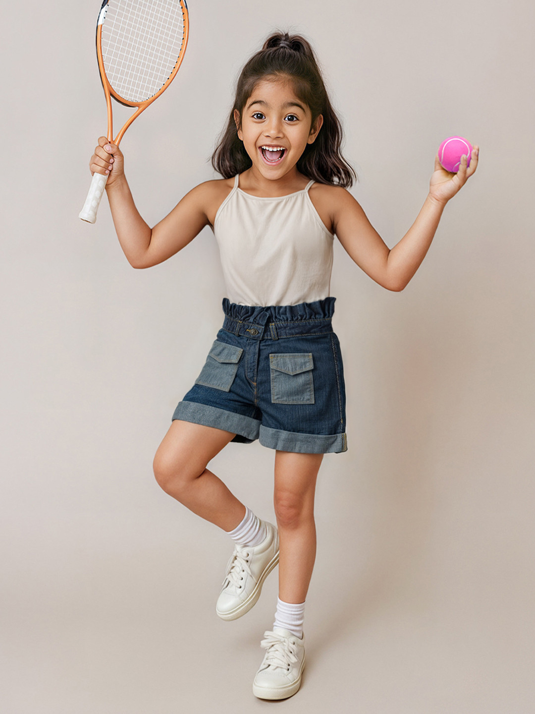 TALES & STORIES Girls Washed High-Rise Outdoor Denim Shorts