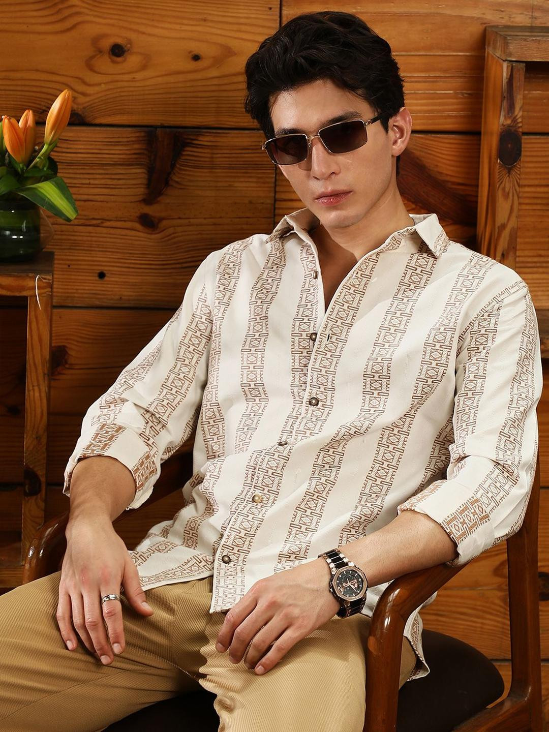 CAHOOT Comfort Geometric Printed Long Sleeves Regular Fit Cotton Shirt
