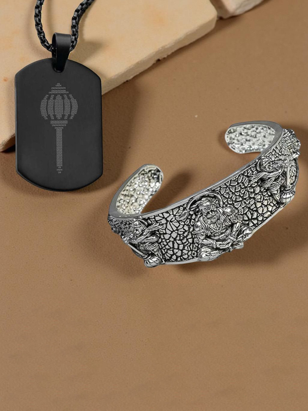 Stylewell 5 Mukhi Hanuman Face Kada Bracelet & Hanuman Gada Plate Locket