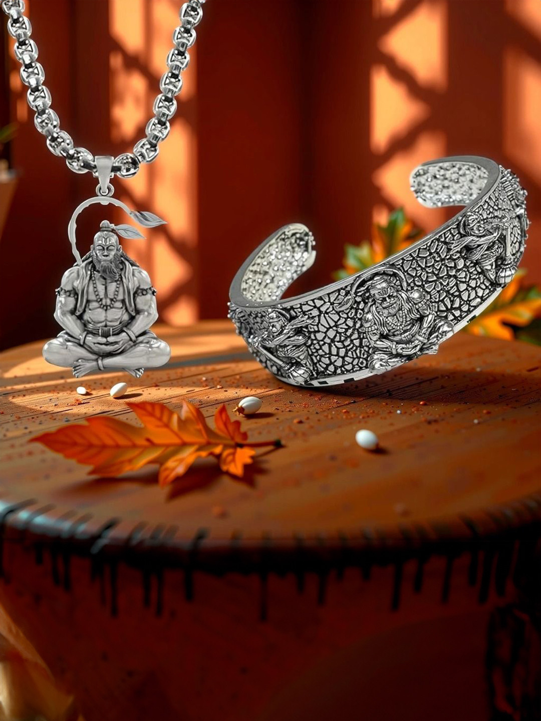 Stylewell Sliver-Plated 5 Mukhi Hanuman Face Kada Bracelet & Sitting Hanuman Pendant