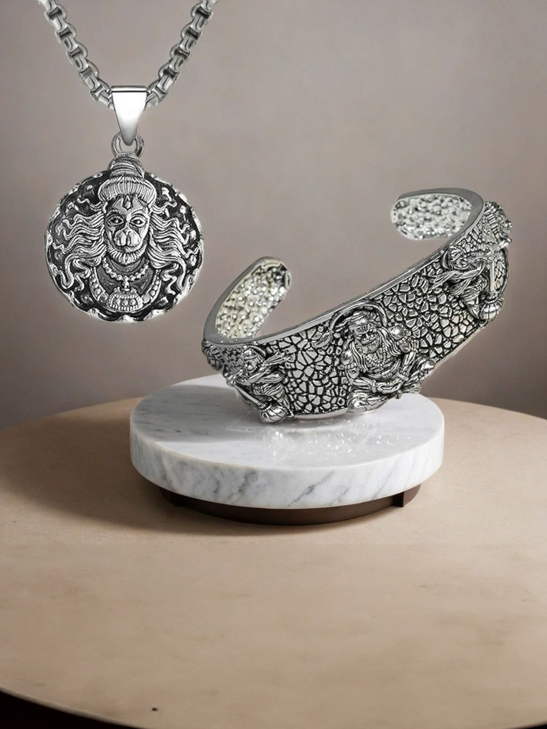 Stylewell Sliver-Plated 5 Mukhi Hanuman Face Kada Bracelet & Pendant