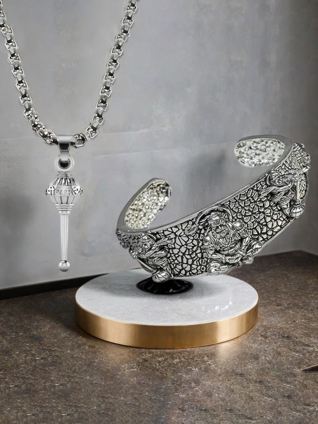 Stylewell Sliver-Plated 5 Mukhi Hanuman Face Kada Bracelet & Gada Pendant