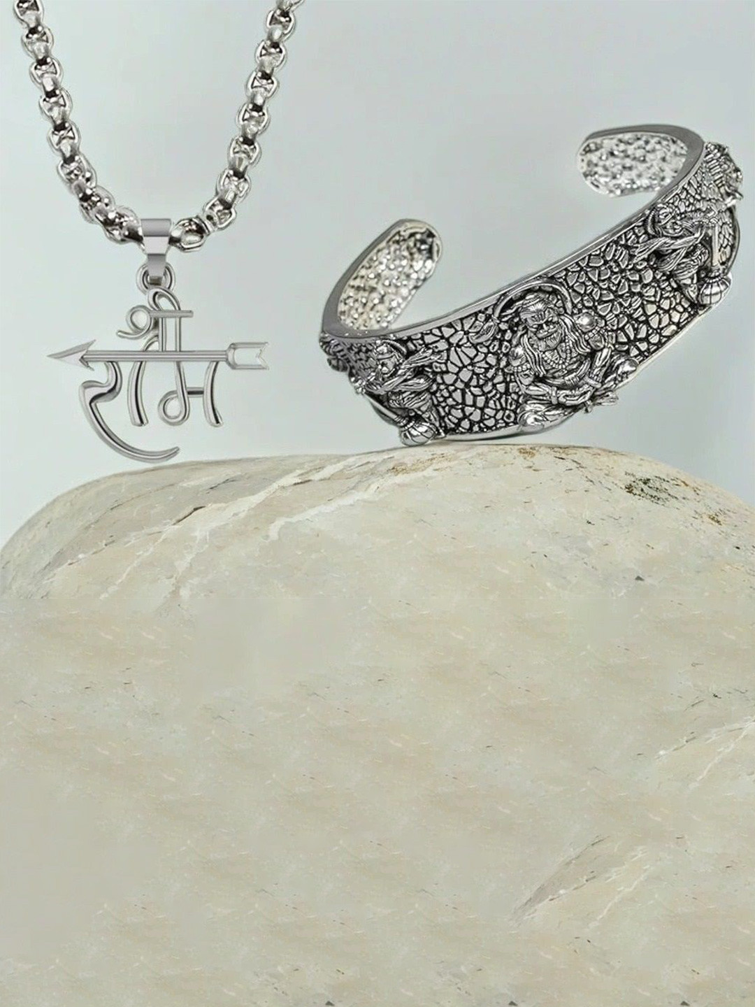 Stylewell Sliver-Plated 5 Mukhi Hanuman Face Kada Bracelet & Ram Pendant