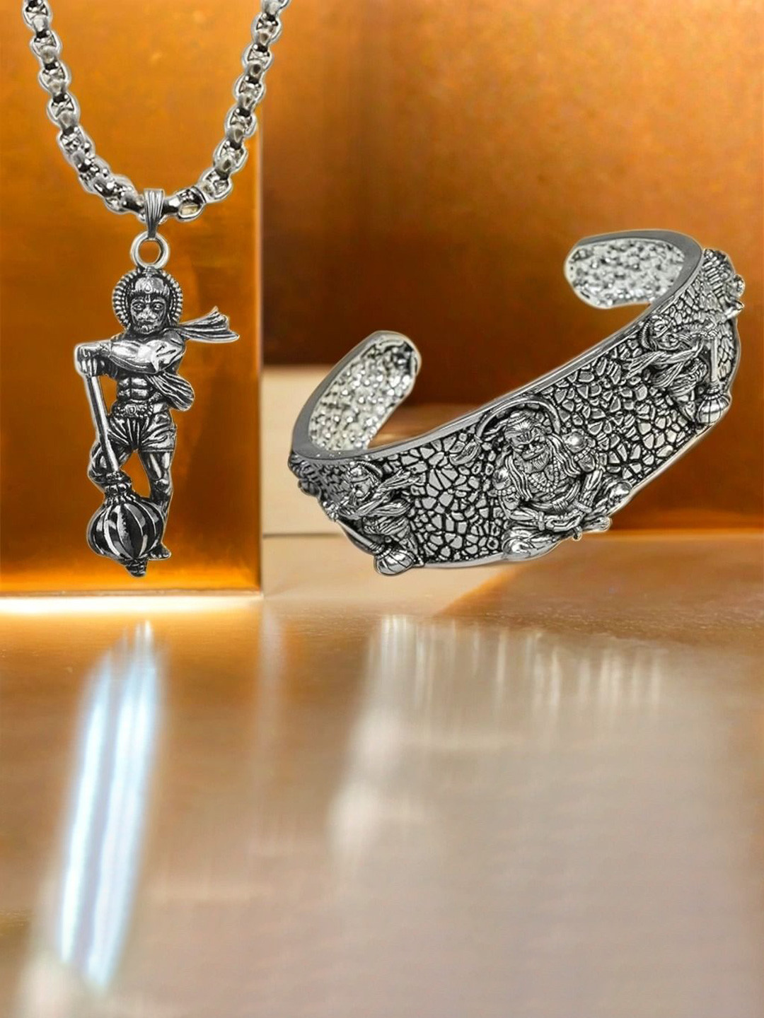 Stylewell Sliver-Plated 5 Mukhi Hanuman Face Kada Bracelet & Standing Hanuman Pendant