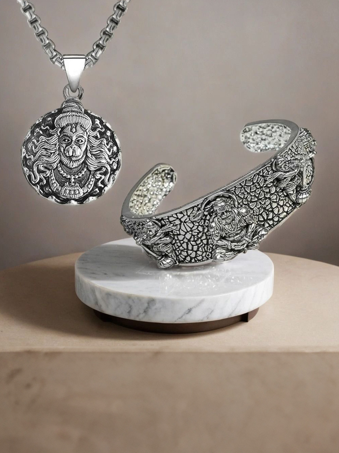 Stylewell Sliver-Plated 5 Mukhi Hanuman Face Kada Bracelet & Pendant