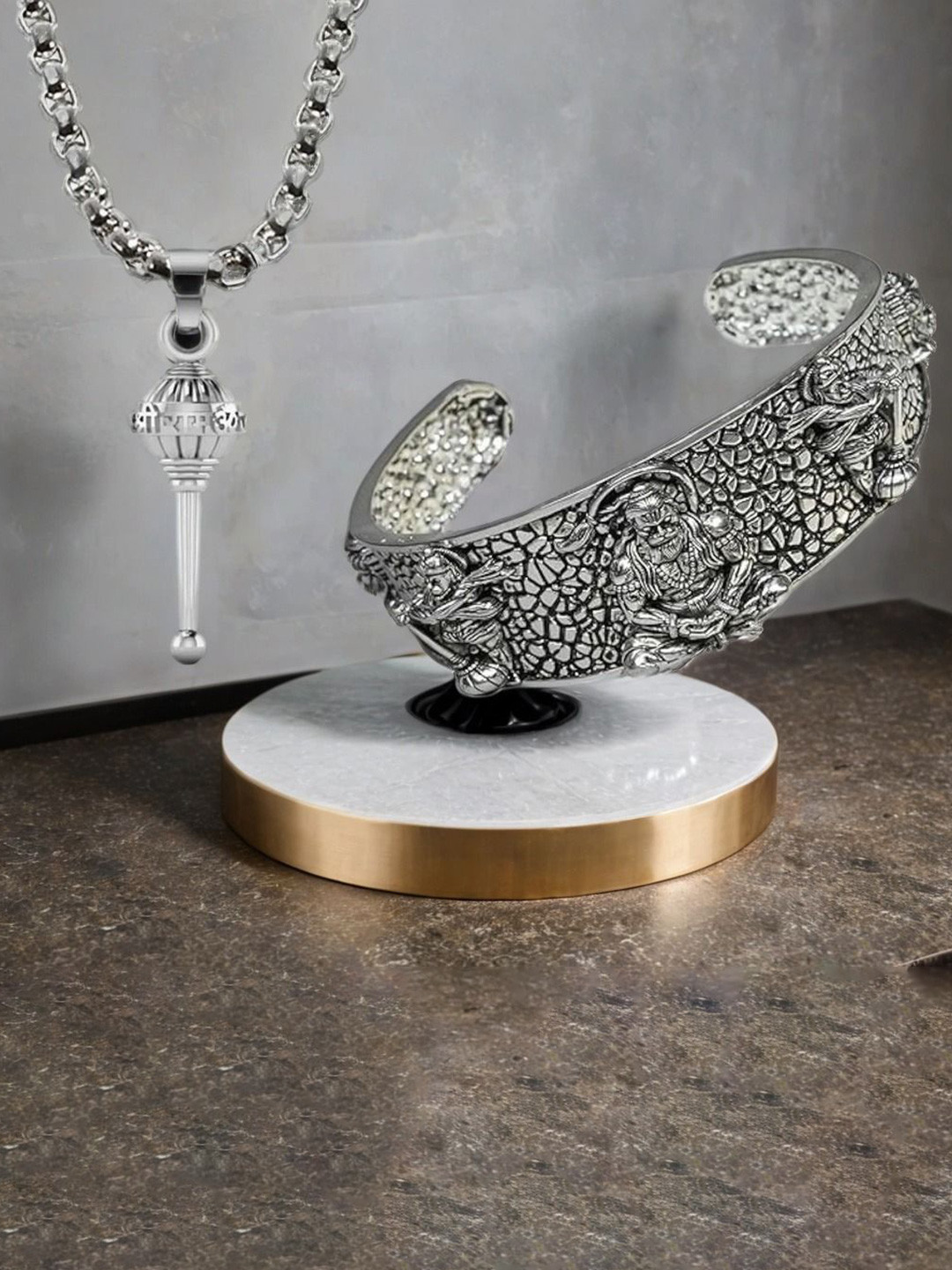 Adhvik Silver-Plated 5 Mukhi Hanuman Face Kada Bracelet And Gada Pendant