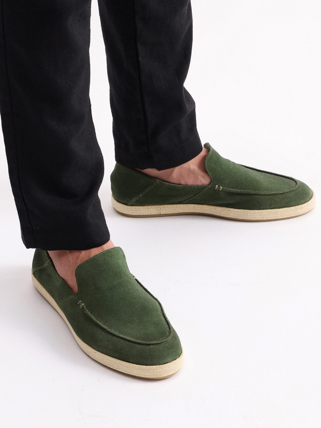 RARE RABBIT Men Havana Emerald Green Light Suede Loafers
