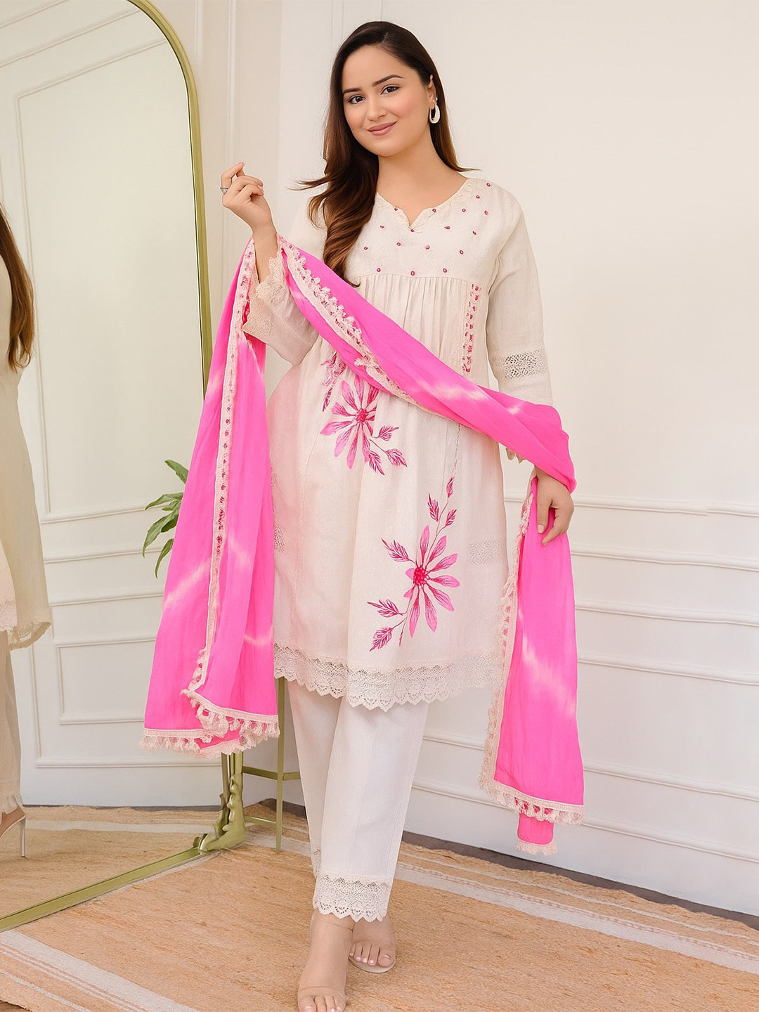 Velintis Women Ethnic Motifs Embroidered Pure Cotton Kurta with Trousers & Dupatta