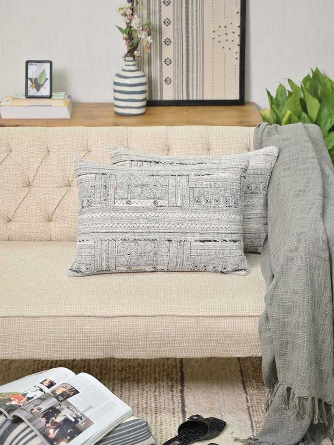 Needles Play Set of 2 Blue & Grey Self-Design Pure Cotton Rectangle Pillow Cover