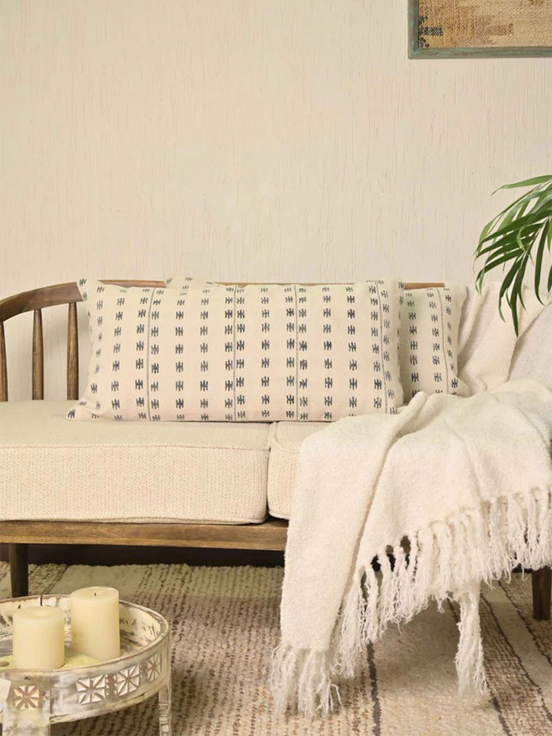 Needles Play Set of 2 White & Grey Self-Design Pure Cotton Rectangle Pillow Cover