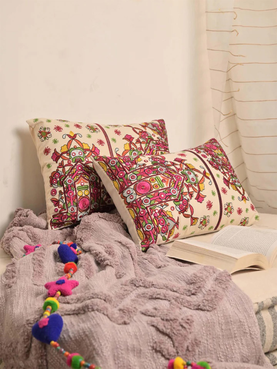 Needles Play Set of 2 Beige & Pink Embroidered Mirror Work Cotton Rectangle Pillow Cover