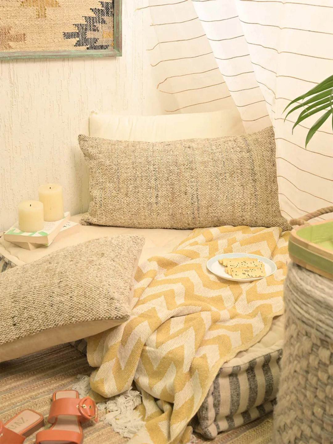 Needles Play Set of 2 Beige Pure Cotton Rectangle Pillow Cover