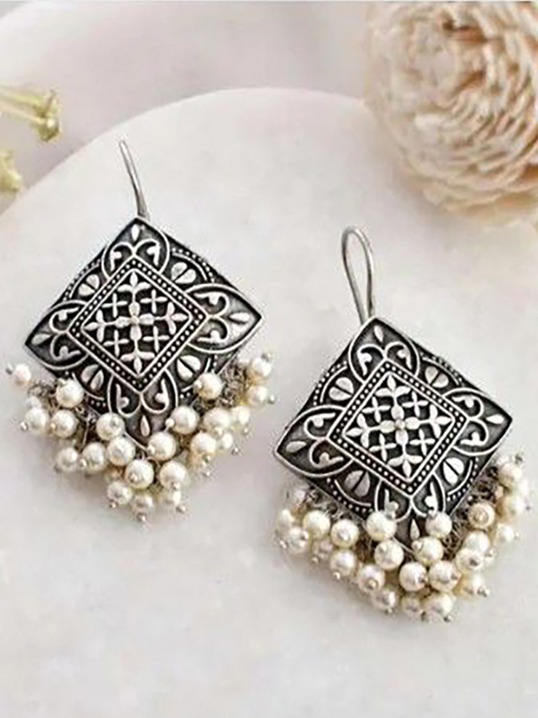 Samridhi DC Artificial Beaded Oxidised Diamond Shaped Drop Earrings