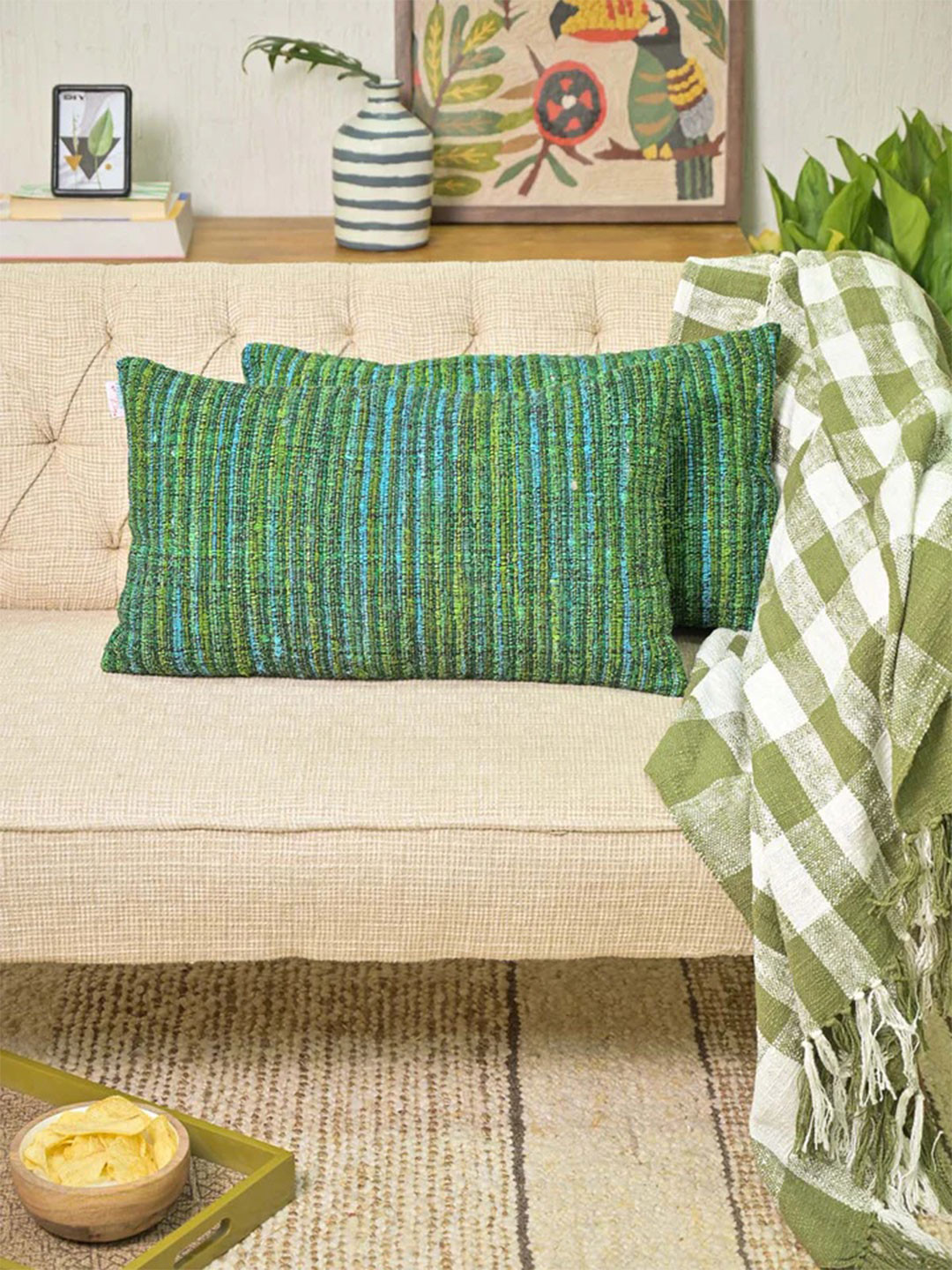 Needles Play Set of 2 Green Striped Pure Cotton Rectangle Pillow Covers