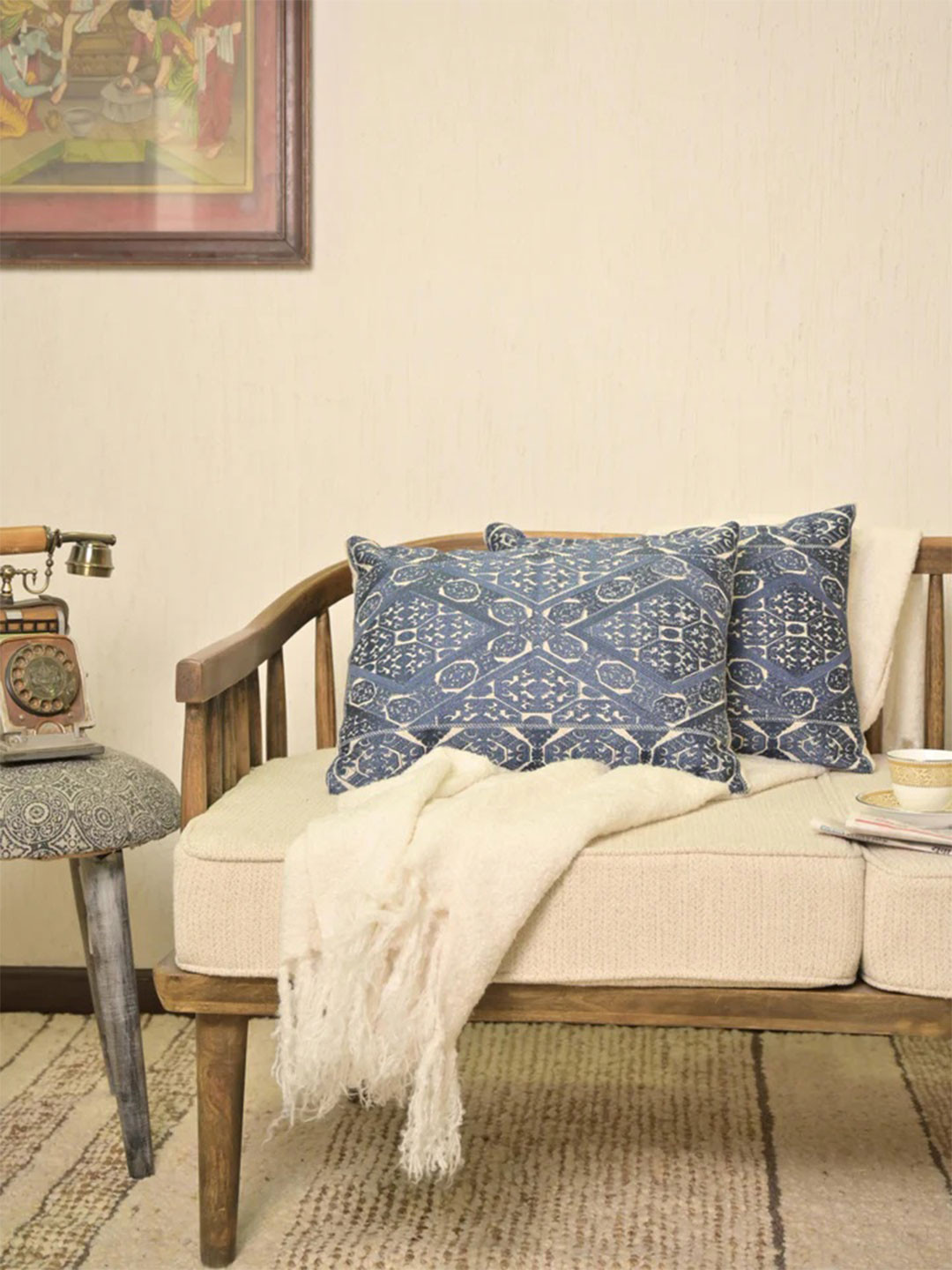 Needles Play Set of 2 Blue & Off White Printed Pure Cotton Rectangle Pillow Cover