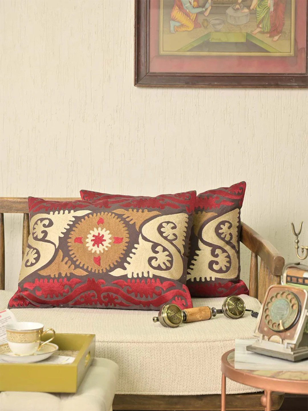 Needles Play Set of 2 Maroon & Gold Toned Embroidered Pure Cotton Rectangle Pillow Cover