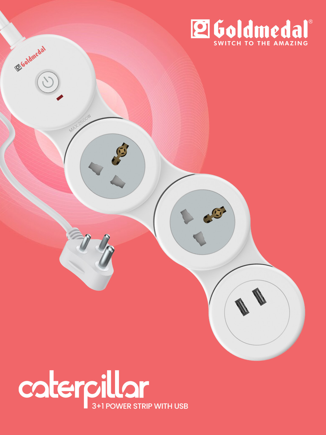 Goldmedal Caterpillar 3+1 Spike Guard with USB - 2 m