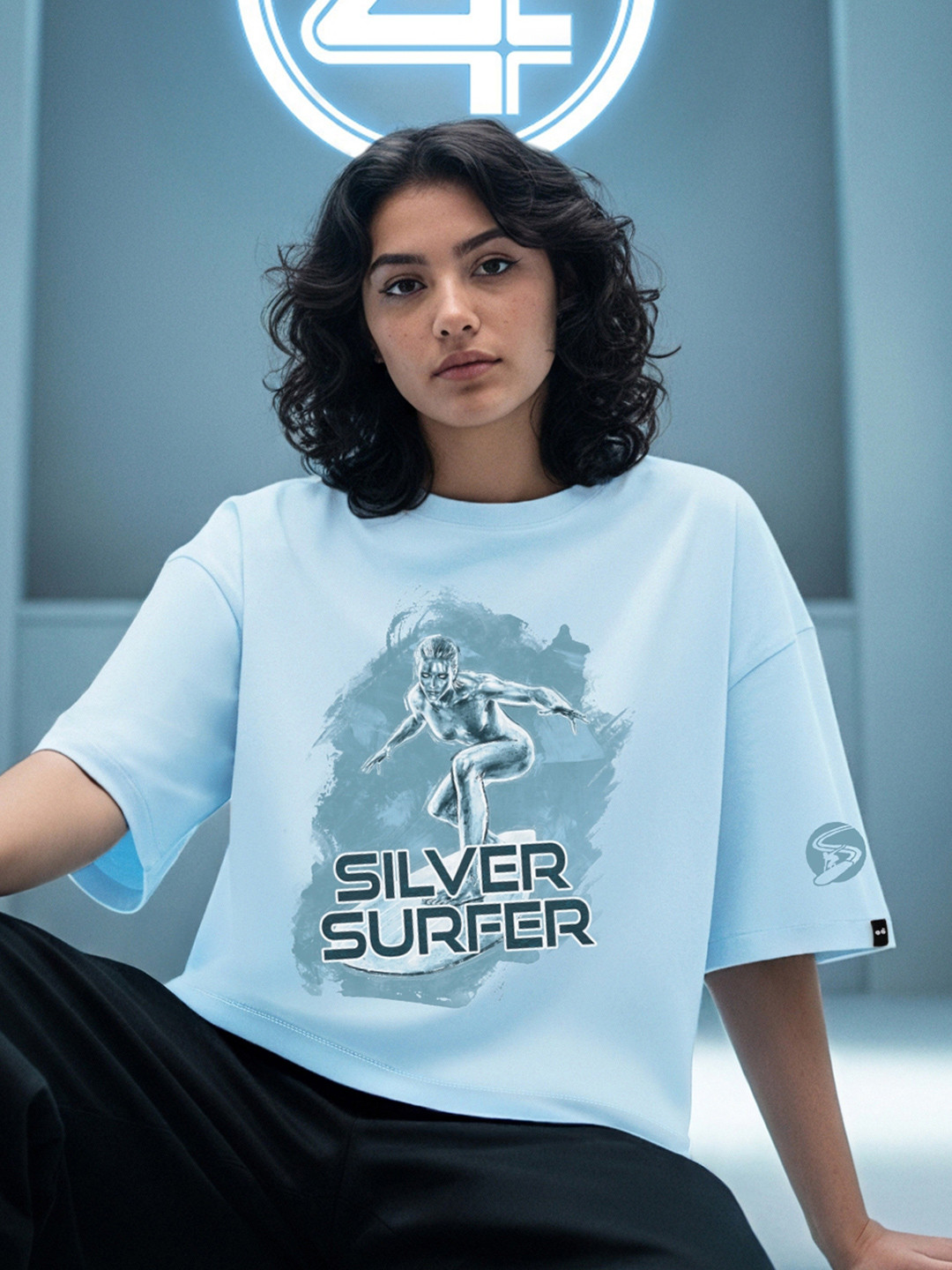 Bewakoof Women Silver Surfer Graphic Printed Round Neck Cotton Oversized T-shirt