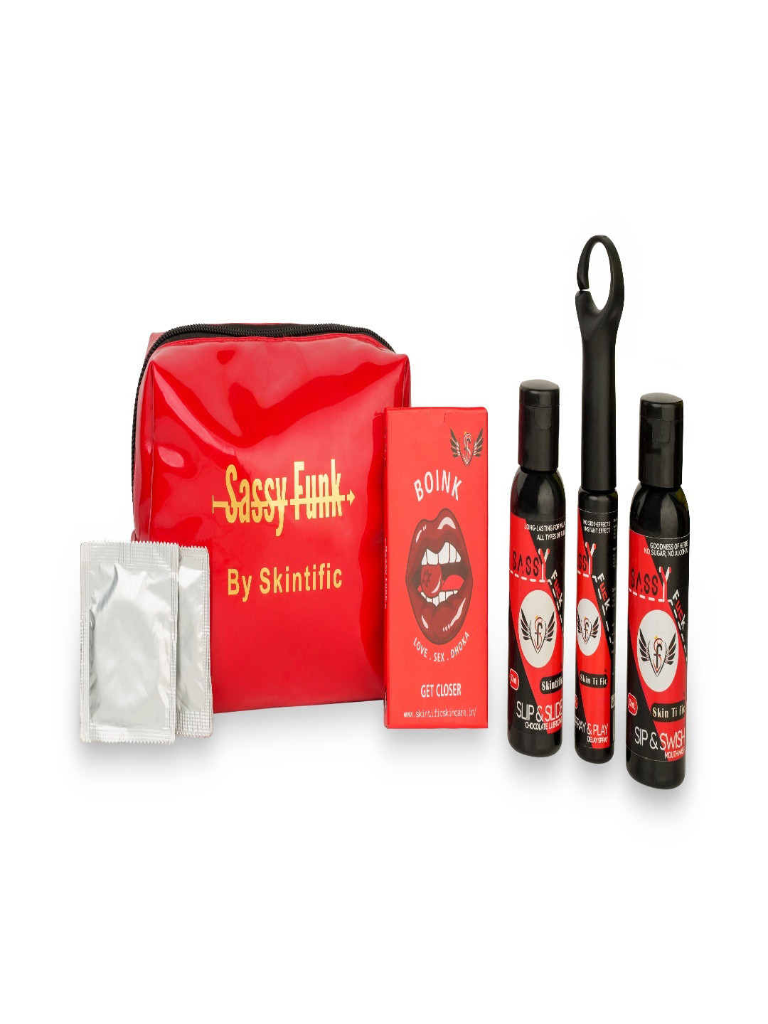 SKINTIFIC Set Of 5 Sassy Funk Lubricant, Delayspray, Mouthwash, Condom & Card Game & Pouch