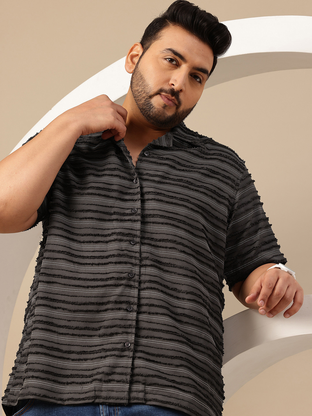 Sztori Plus Size Comfort Textured Horizontal Stripes Casual Shirt