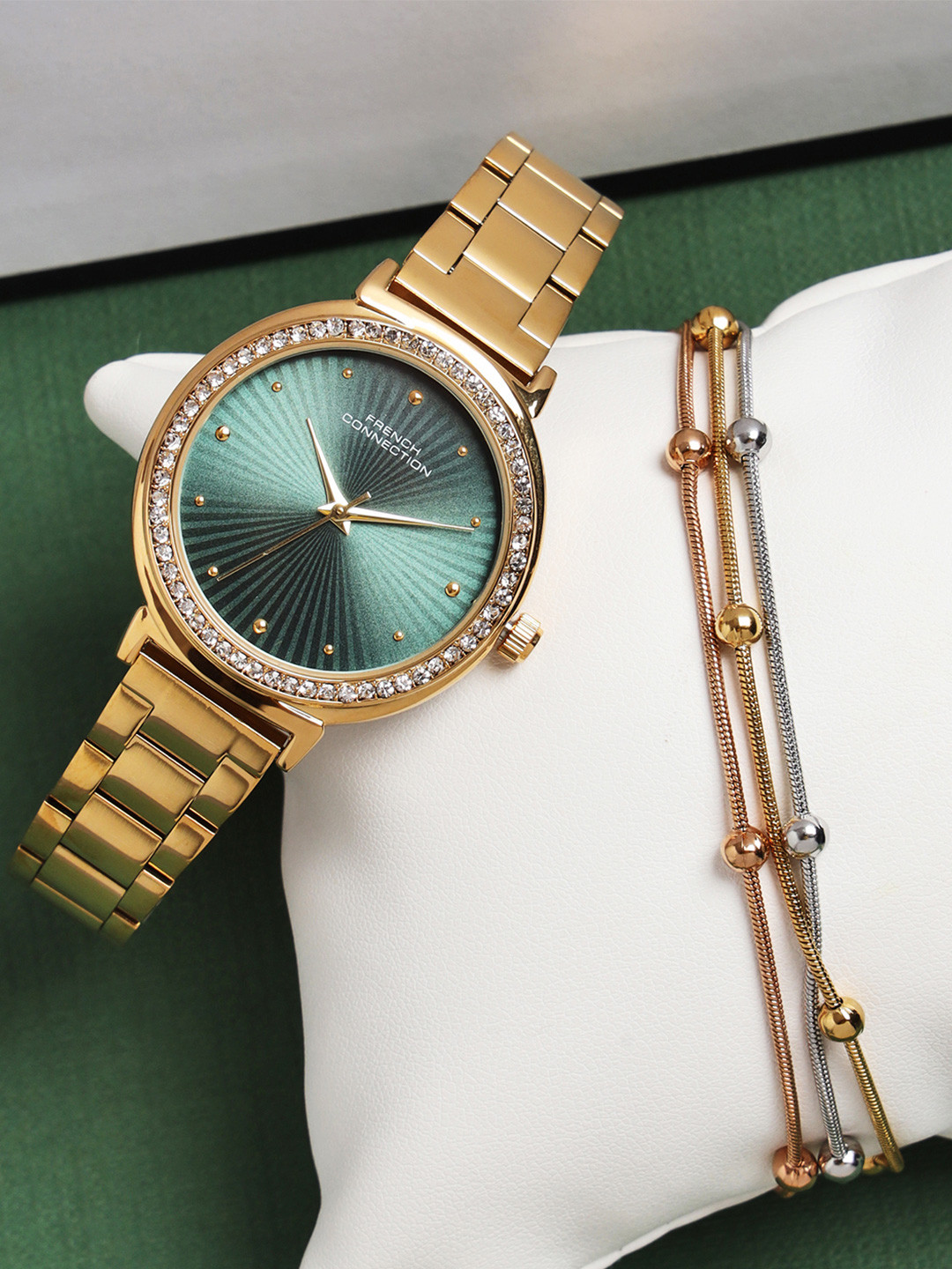 French Connection Women Textured Green Round Dial Watch With Bracelet Gift Set-FCN0145NGM