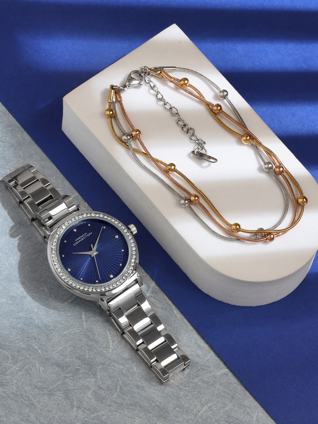 French Connection Women Textured Blue Round Dial Watch With Bracelet Gift Set-FCN0145USM