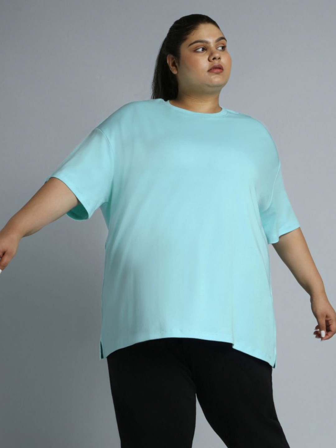 CULT Women Sky Blue Cotton Plus Size Everyday Oversized Fit T-shirt