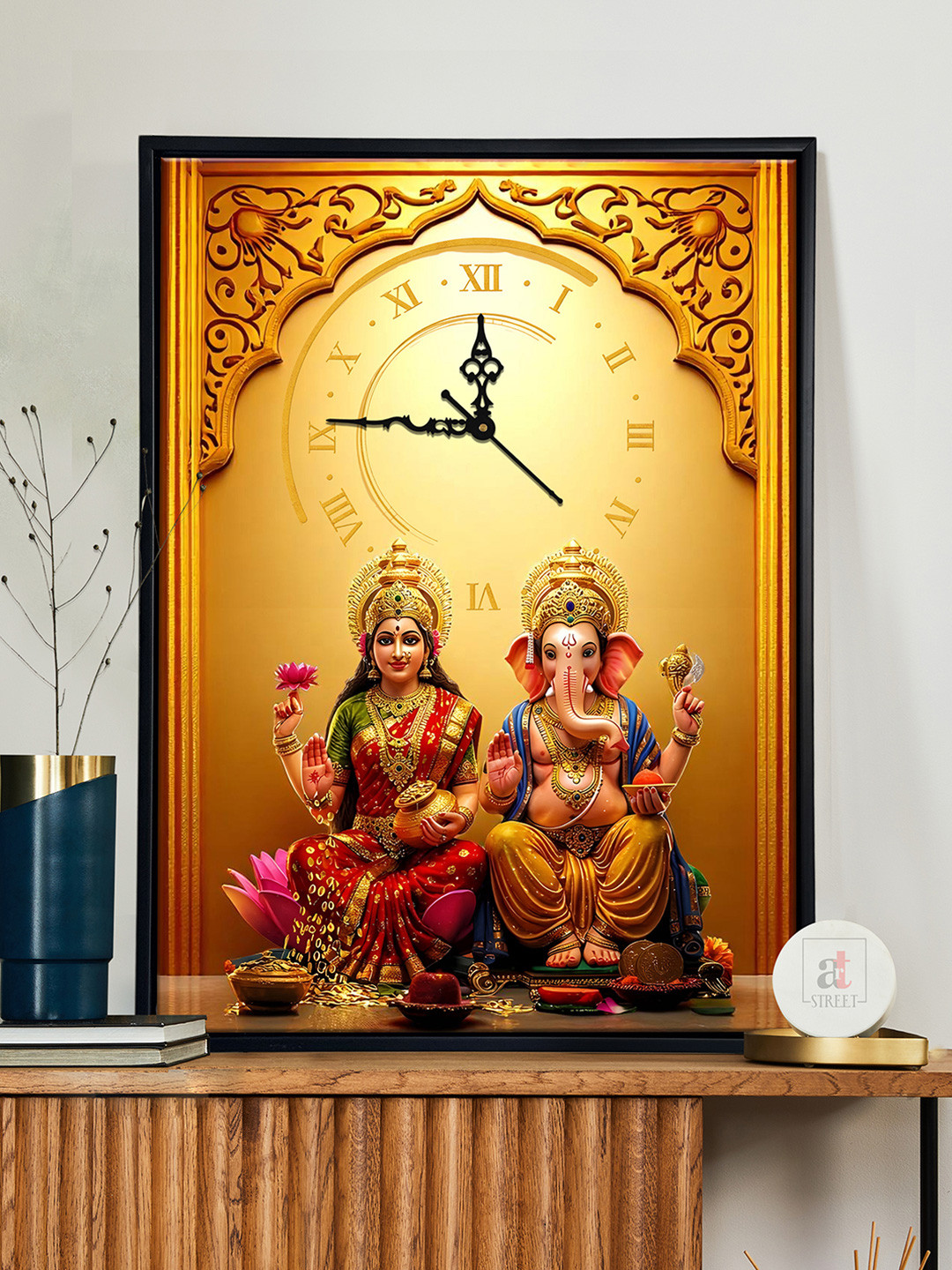 Art Street Gold-Toned & Pink Lakhmi Ganesha Printed Wooden Wall Clock