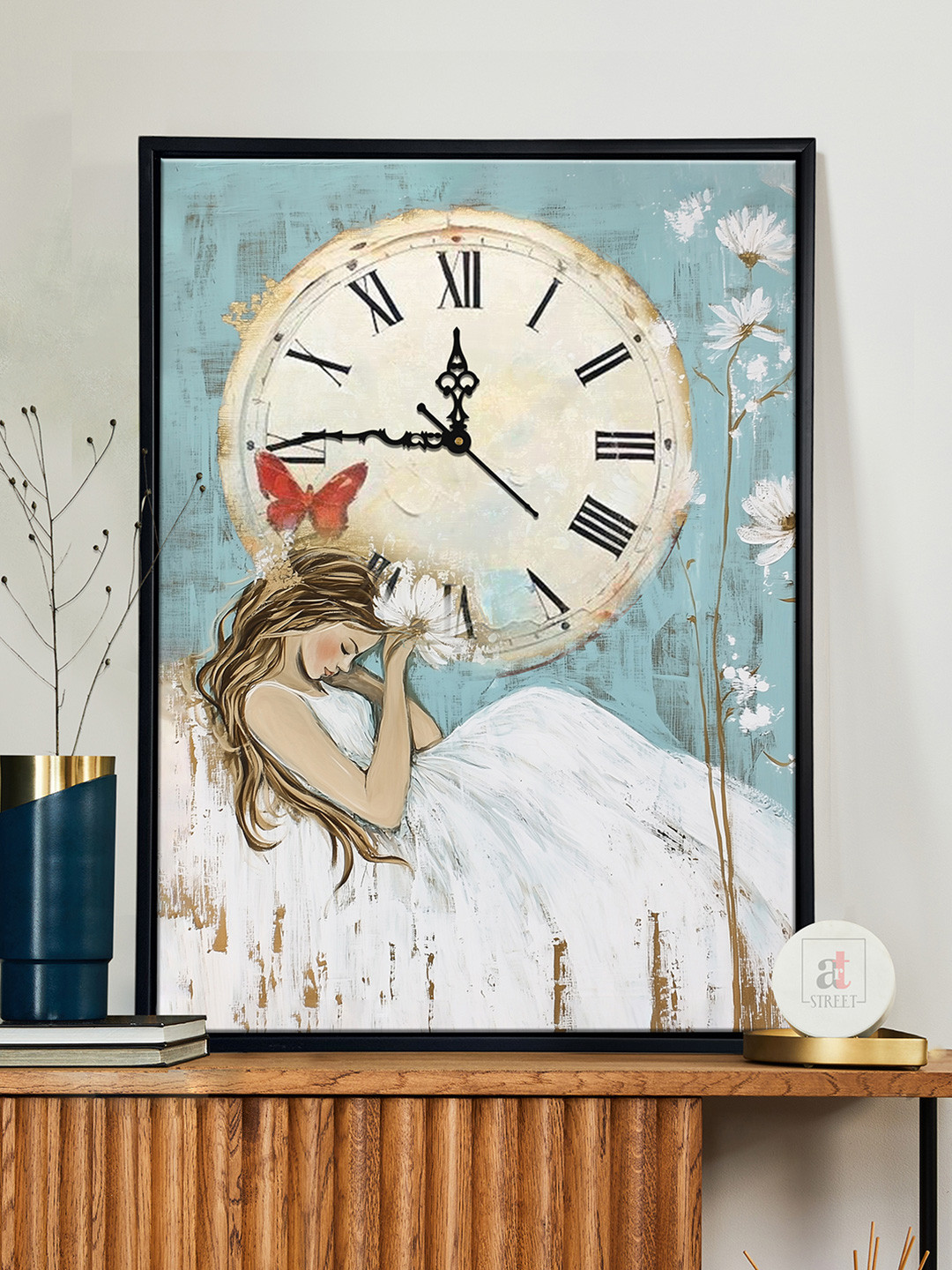 Art Street Blue & White Dreamlike Girl Printed Wooden Wall Clock