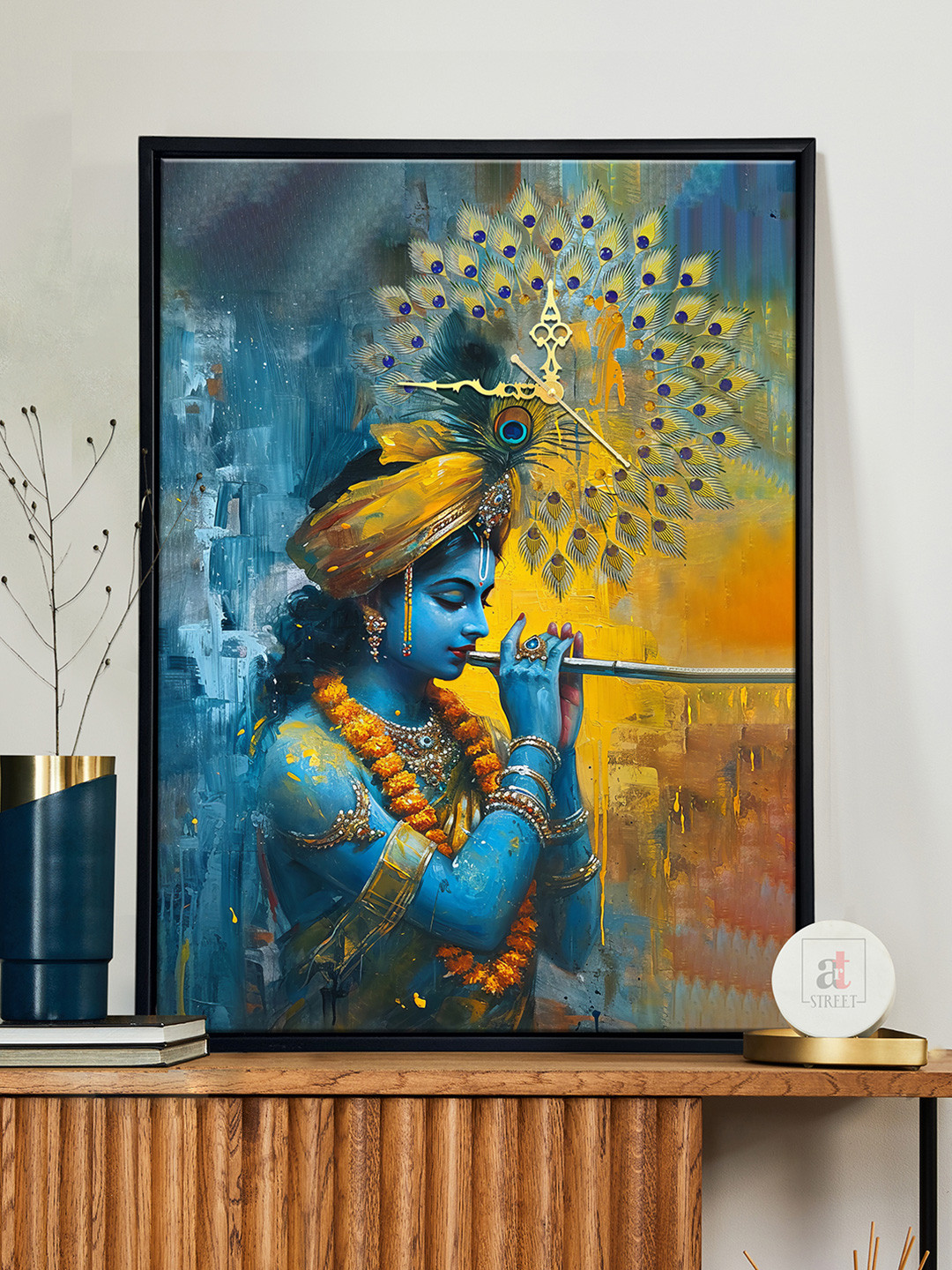 Art Street Blue & Orange Sri Krishna Printed Wooden Wall Clock