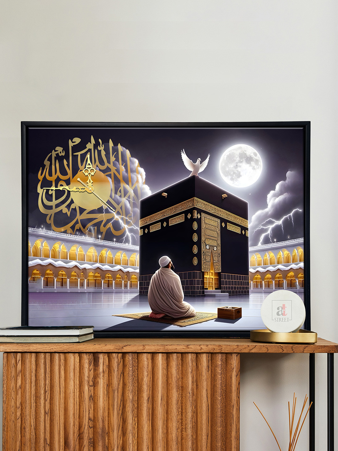 Art Street Black & White Landscape Digital Masjid al-Haram Printed Wooden Wall Clock