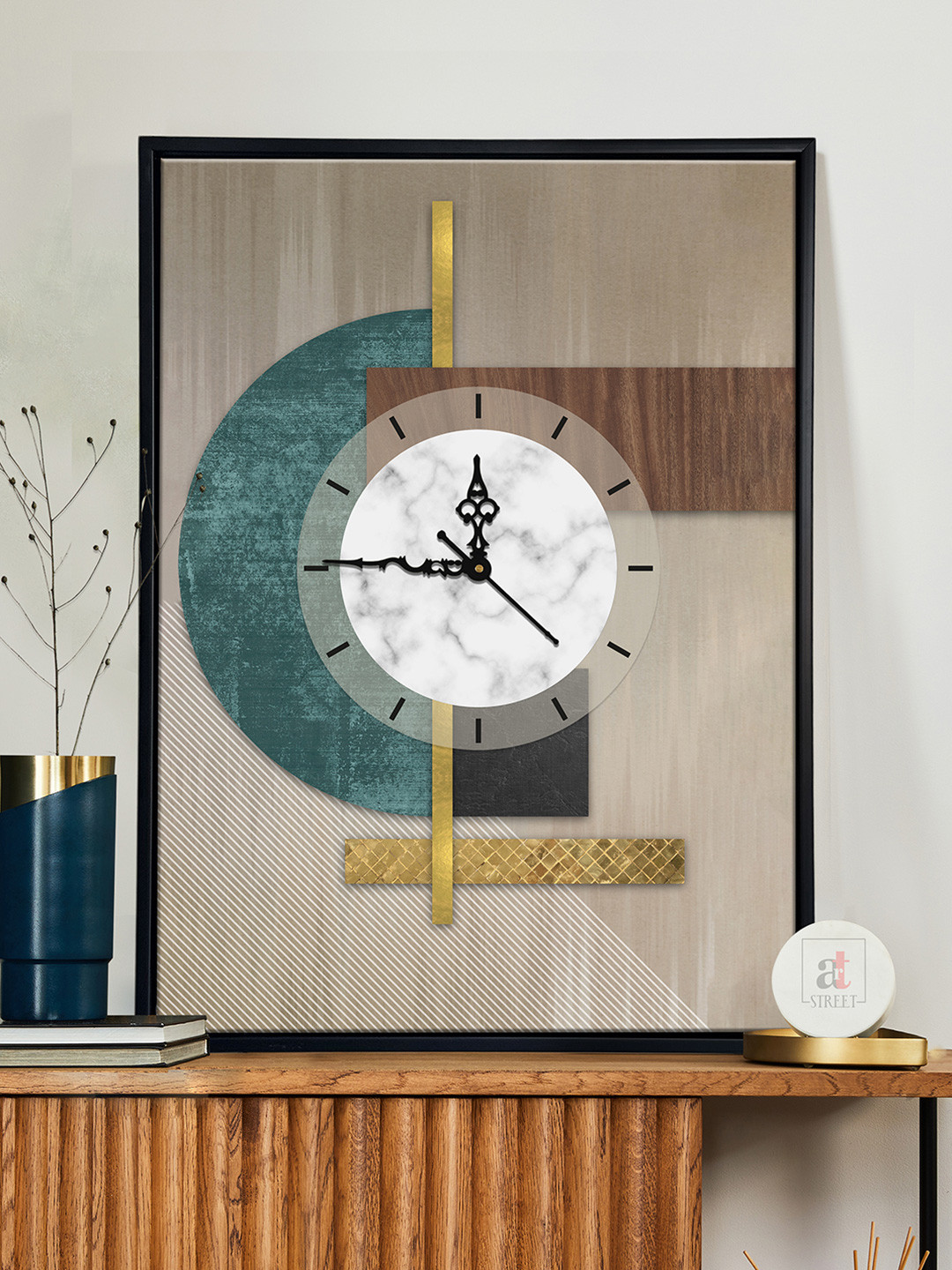 Art Street Beige & White Geometric Printed Wooden Wall Clock