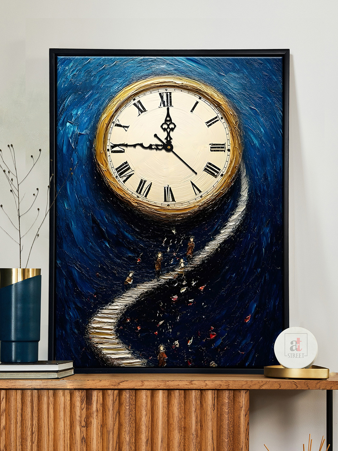 Art Street Blue & Beige Abstract Printed Wooden Wall Clock
