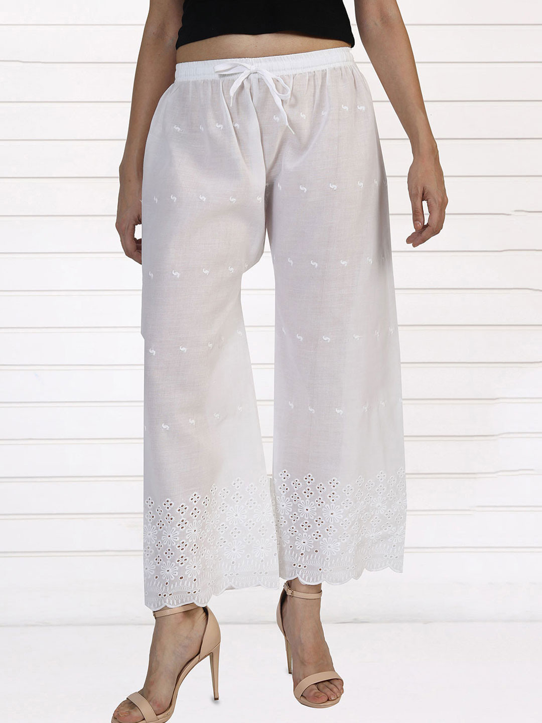 Fashionable Women Floral Embroidered Wide Leg Ethnic Palazzos