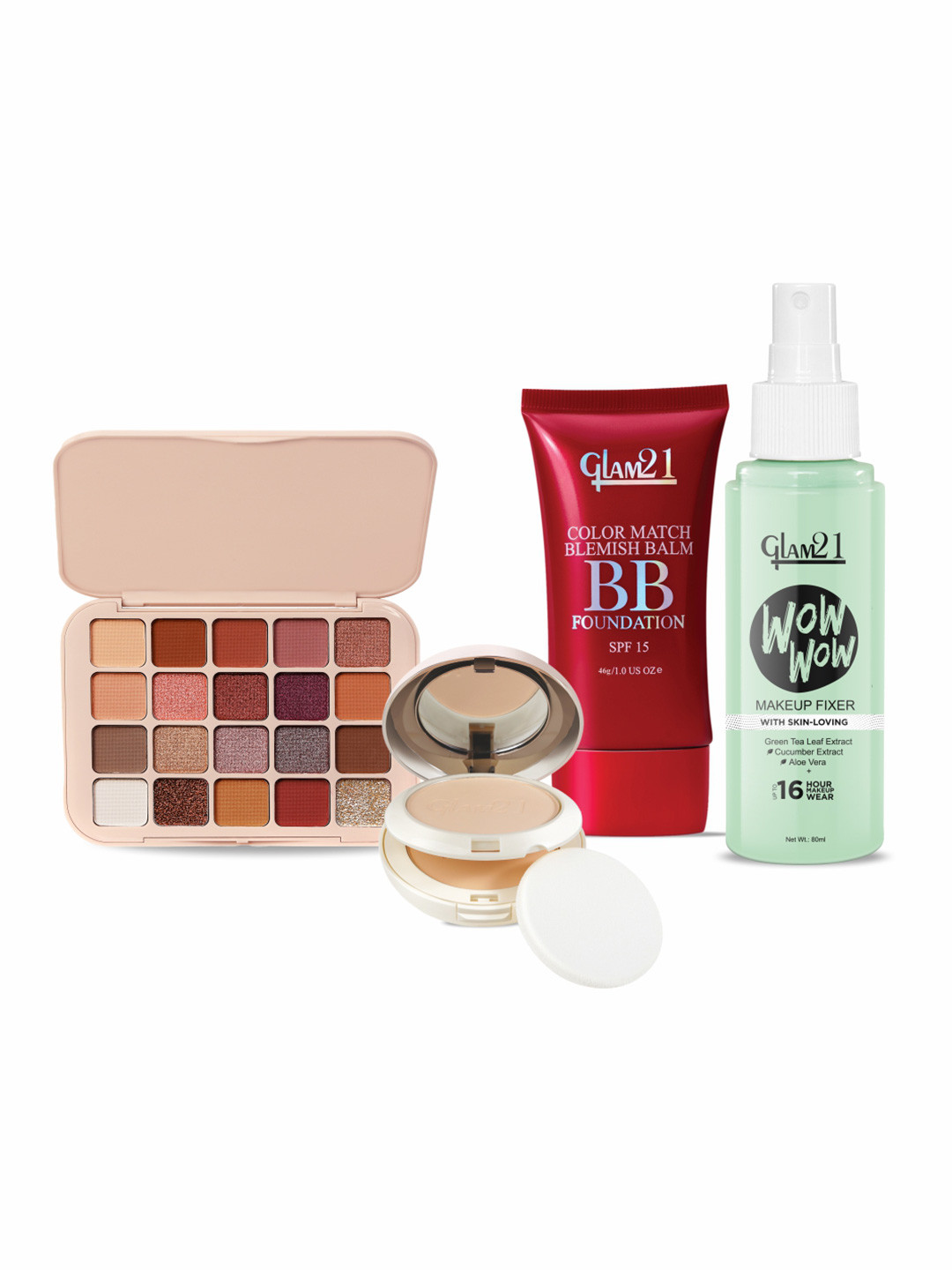 GLAM21 Set Of 4 Stary Eyes Eyeshadow, Foundation-Beige, Compact Vanilla & Makeup Fixer