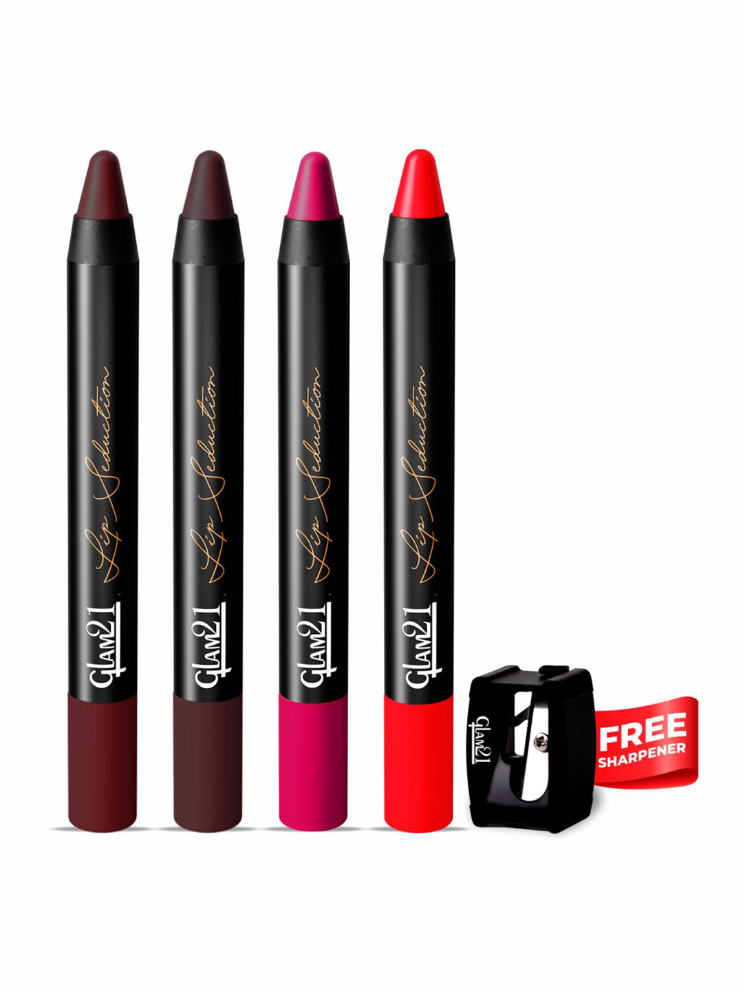 GLAM21 4Pcs Lip Seduction Lipstick Sunny Red & Light Maroon & Silky Brown & Sherbet Pink