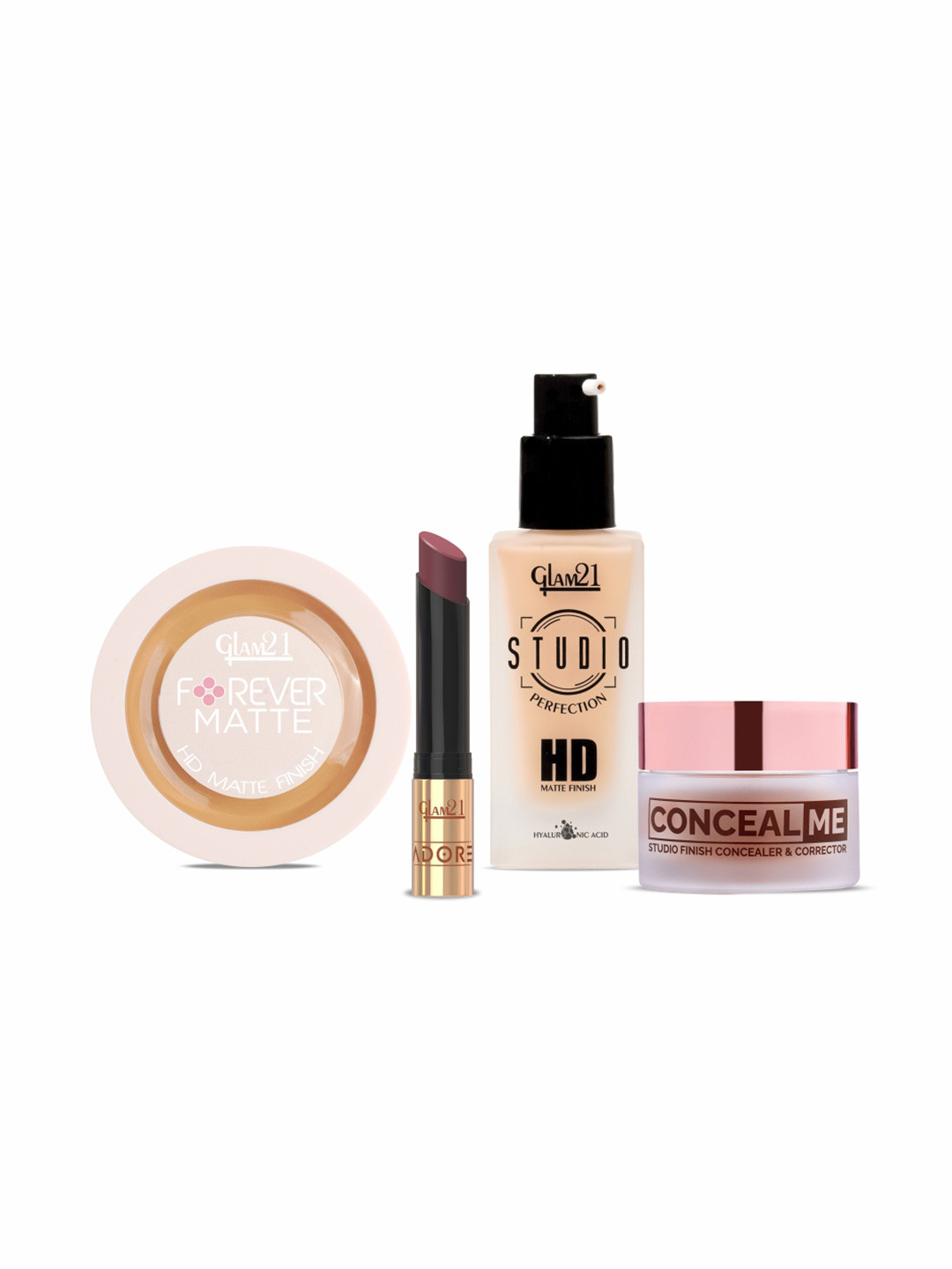GLAM21 Set Of 4 Adore Lipstick HD Foundation Concealer-Ivory & Forever Matte Compact-Beige