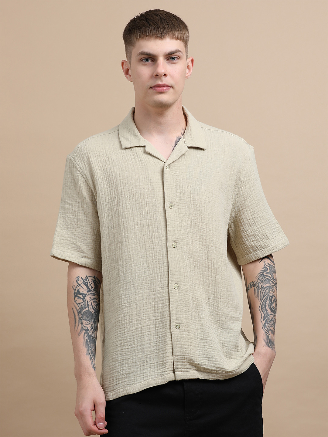 StitchX Men's Half Sleeve Textured Cuban Collar Double Cloth Shirt