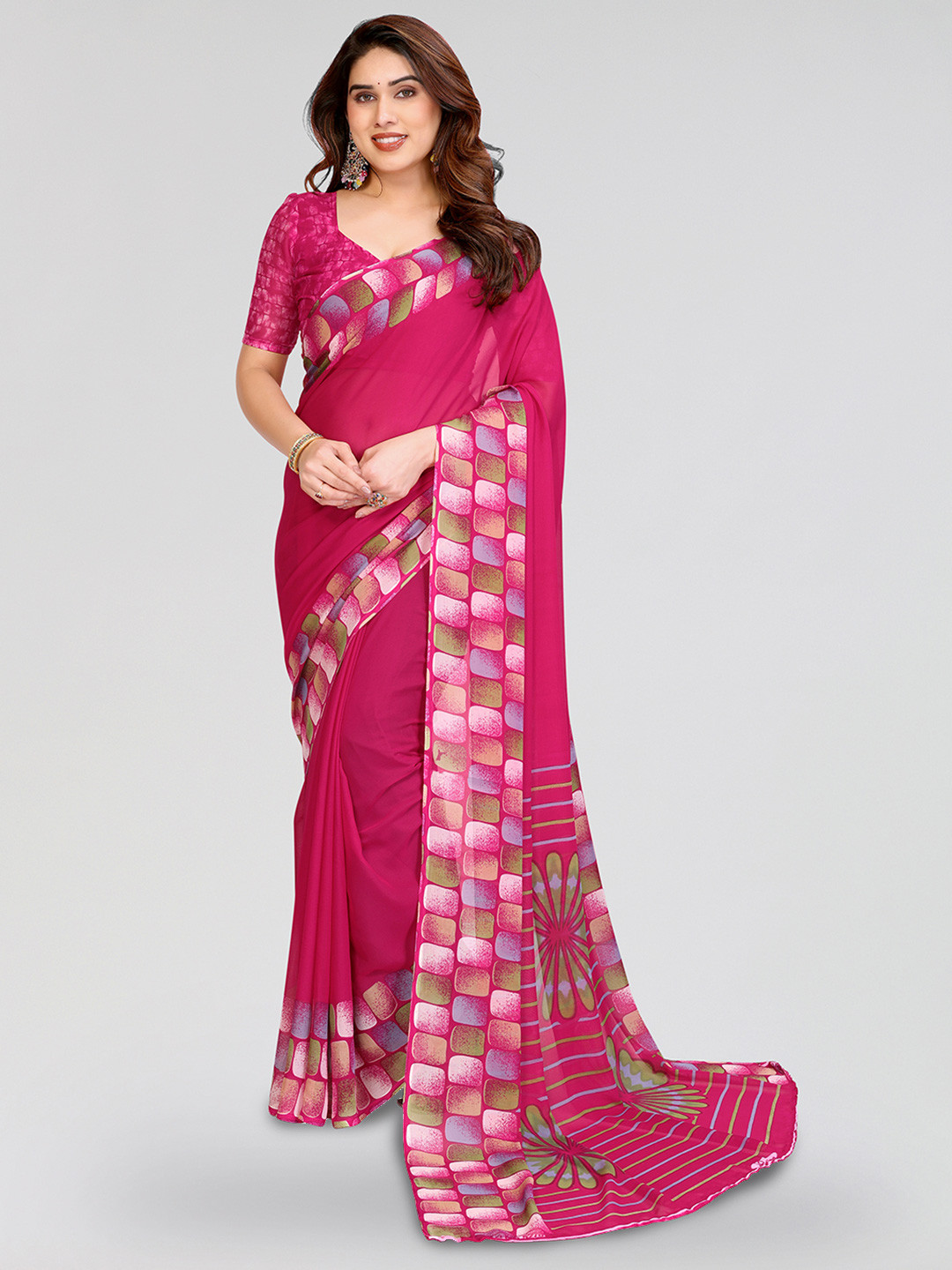 Moda Rapido Casual Saree with Geometric Print Border & Blouse Piece