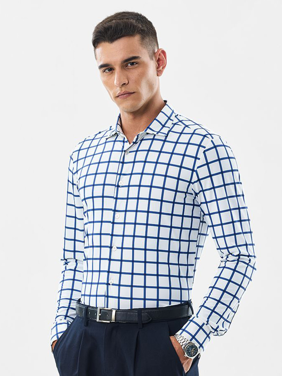 Snitch Checked Spread Collar Wrinkle Free Slim Fit Formal Shirt