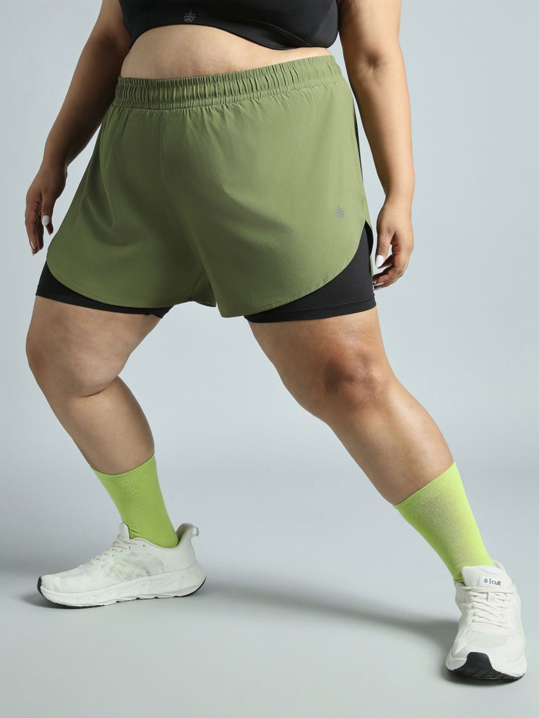 Cult Women Olive Running Essential Plus Size Built In Shorts