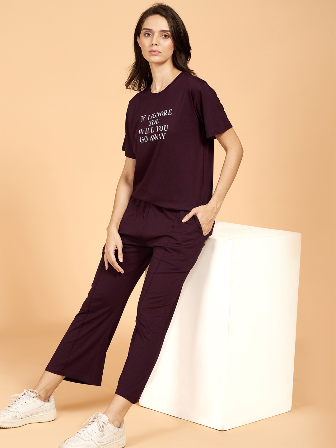 PASTEL CLIP Typography Printed Round Neck T-Shirt With Trousers Co-Ords