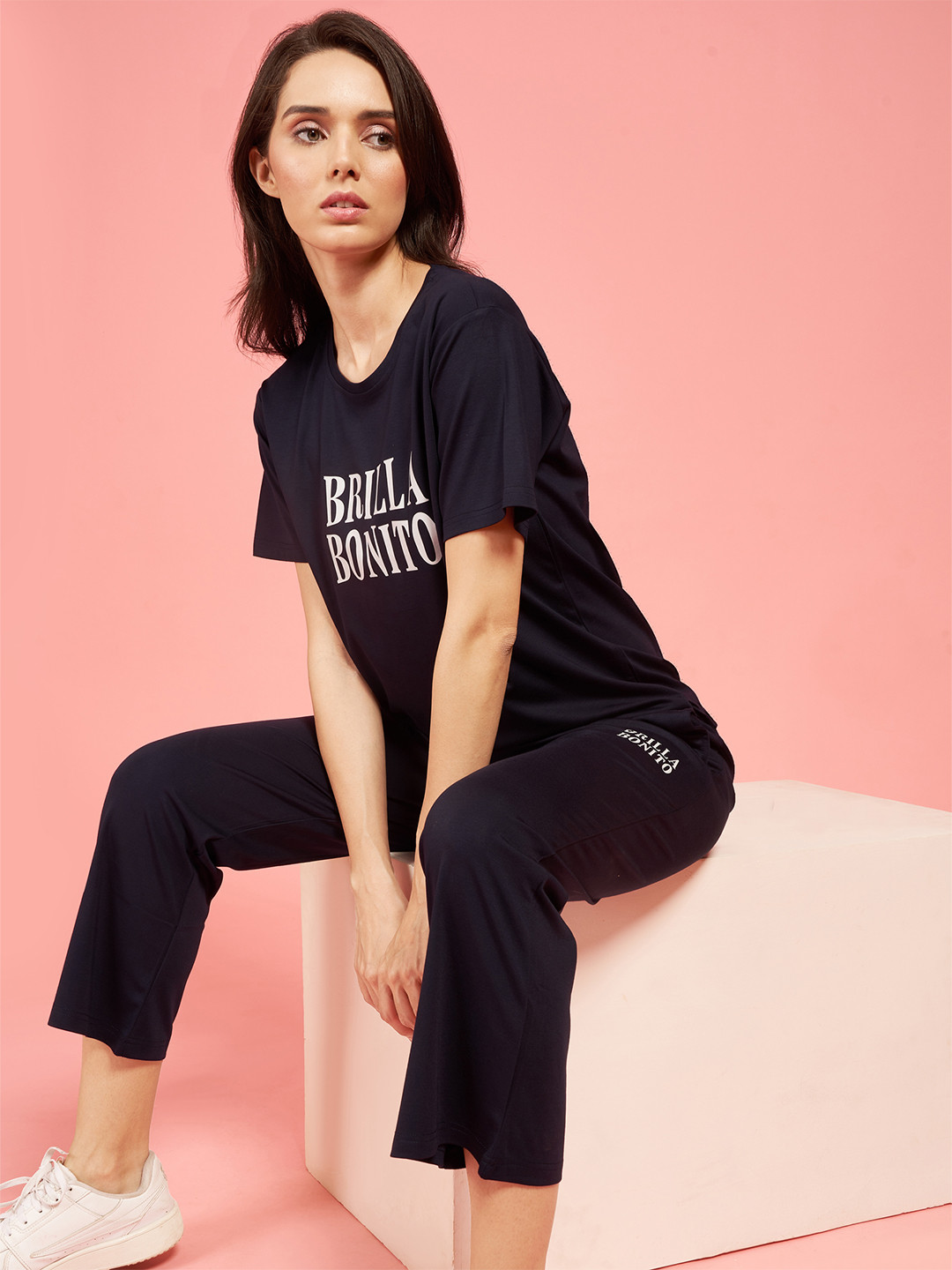 PASTEL CLIP Typography Printed Round Neck T-Shirt With Trousers Co-Ords