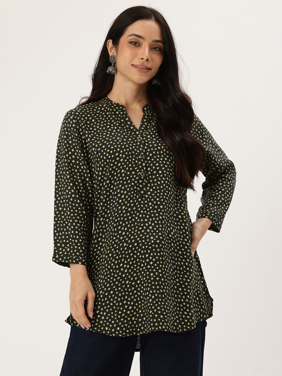 AMUKTI Micro or Ditsy Printed Mandarin Collar Tunic