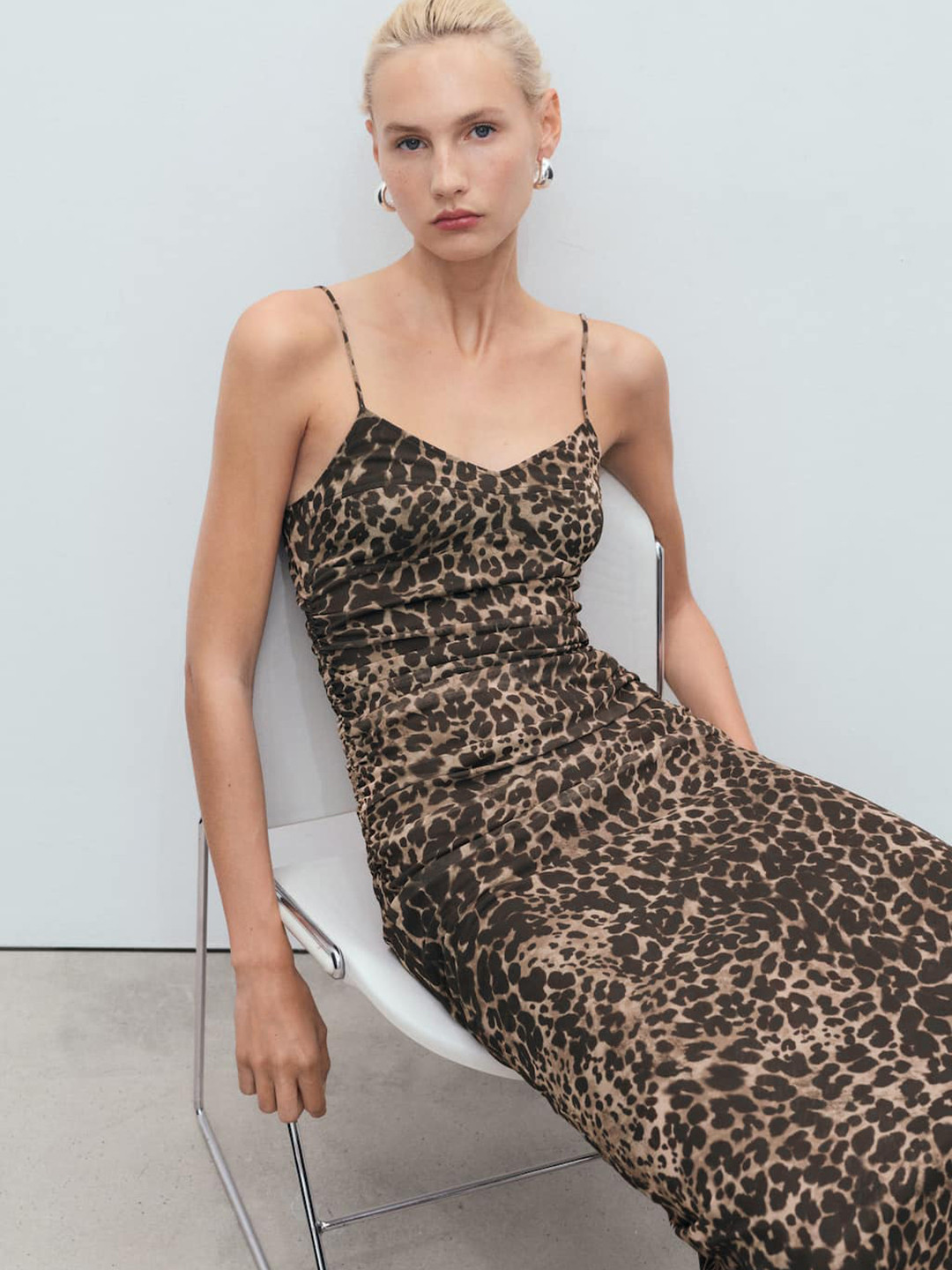 MANGO Animal Print Ruched Bodycon Midi Dress with Slit