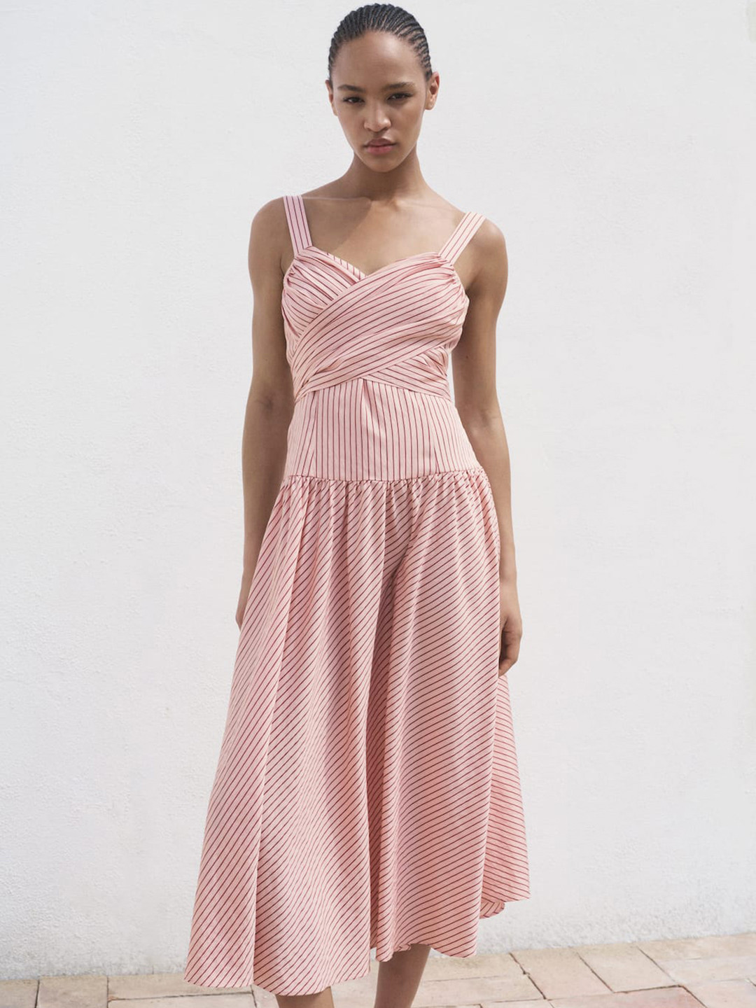 MANGO Striped Wrap Over Detail Drop-Waist Midi Dress