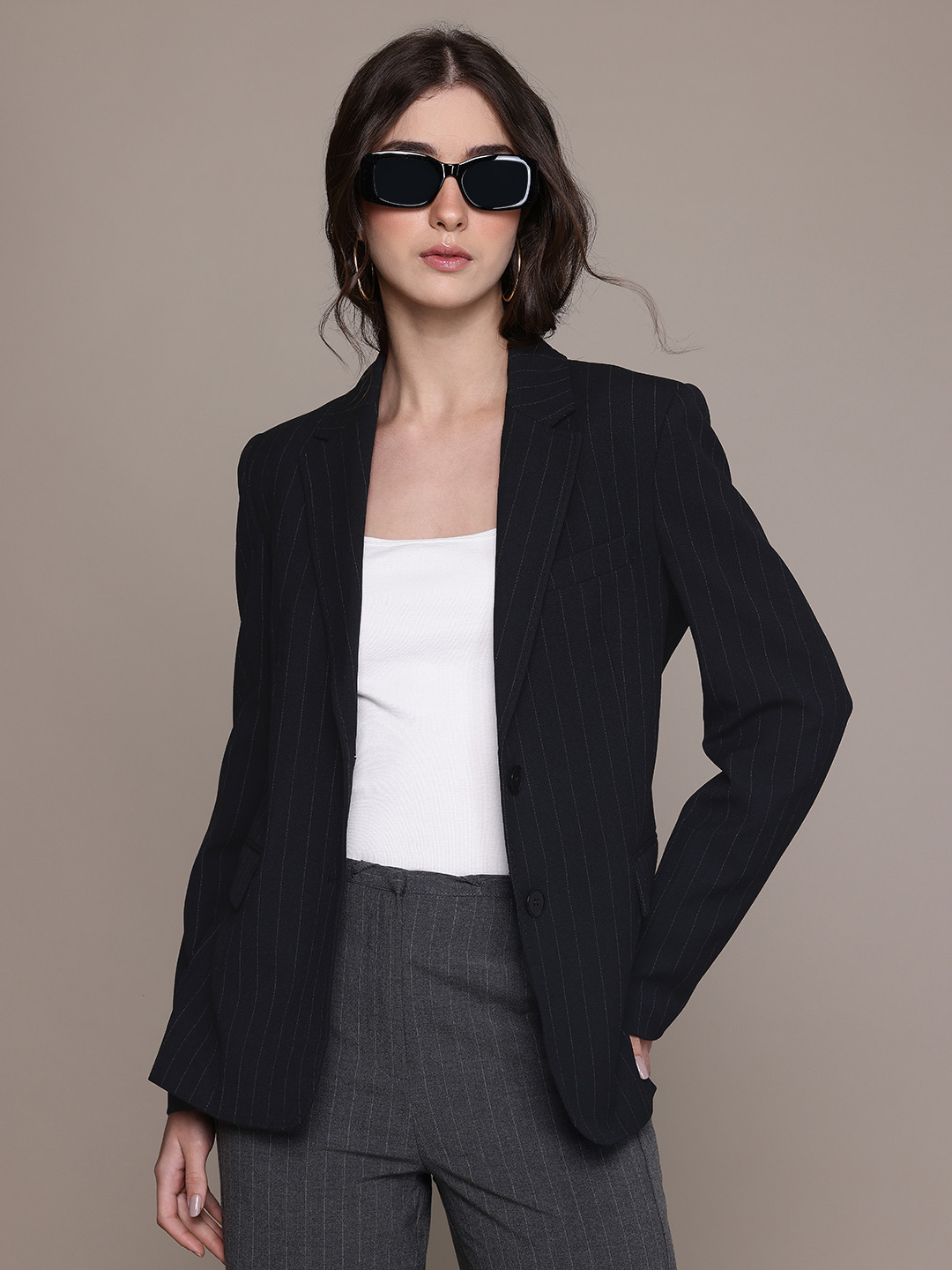 MANGO Pinstriped Shoulder Padded Single-Breasted Blazer
