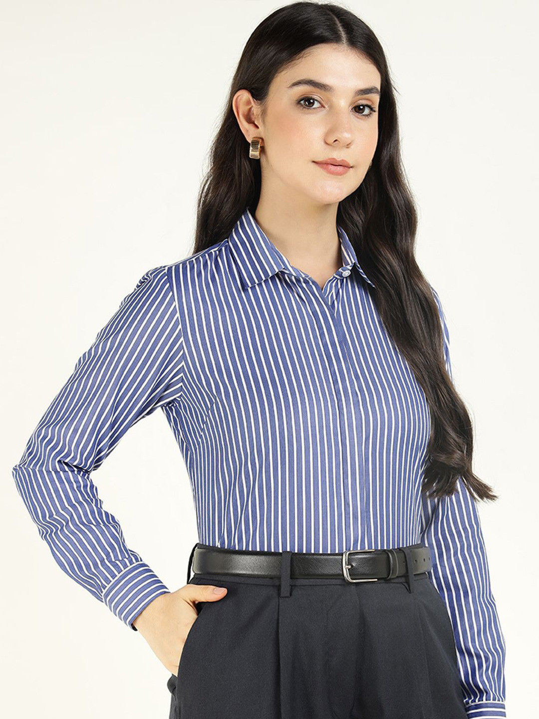 English Navy Women Vertical Striped Wrinkle Resistant Regular Fit Formal Shirt