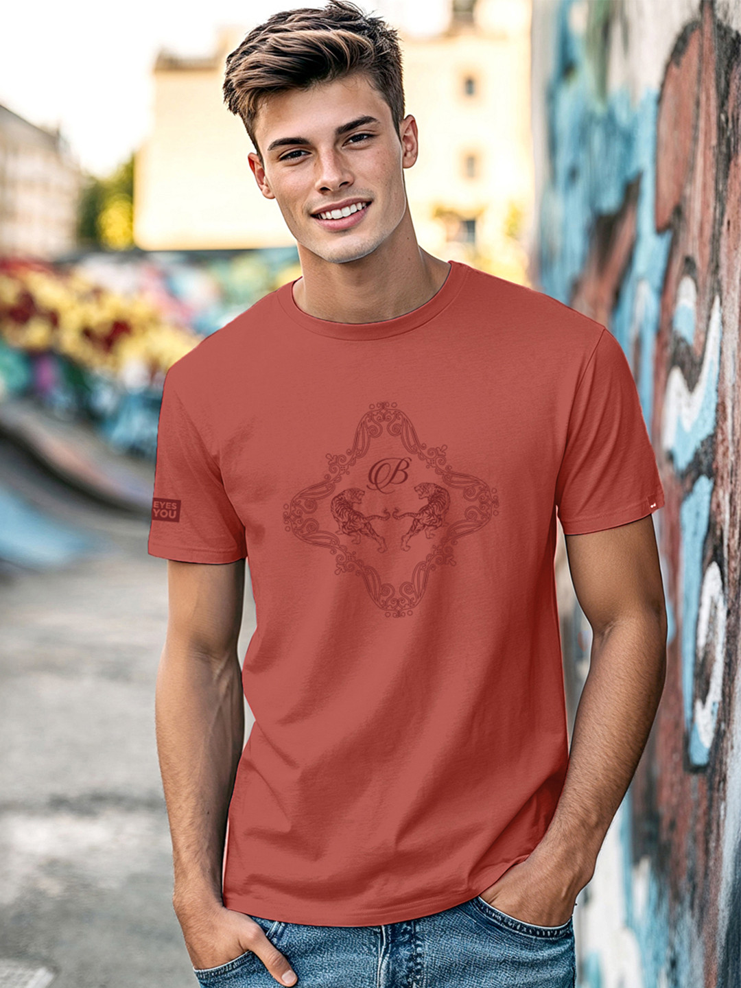 Bewakoof Party Animal Men's Cinnabar Red Royal Graphic Printed T-shirt