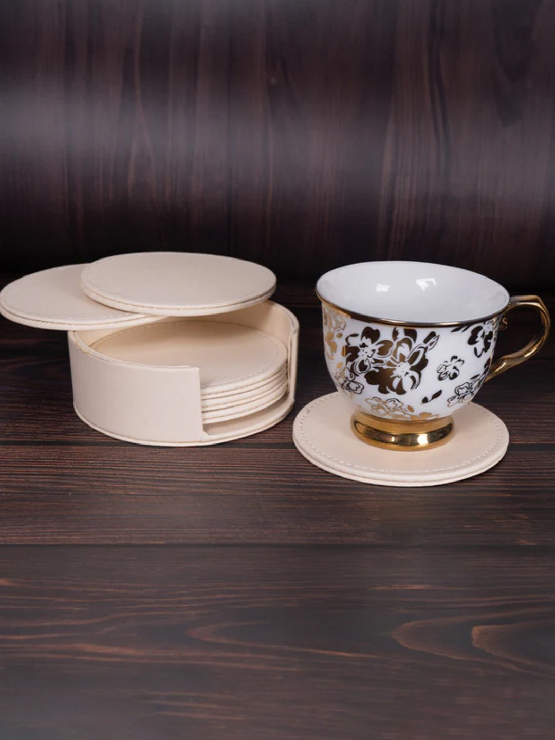 Aarvi Decor Faux Leather Matt Finish Cream Round Coaster